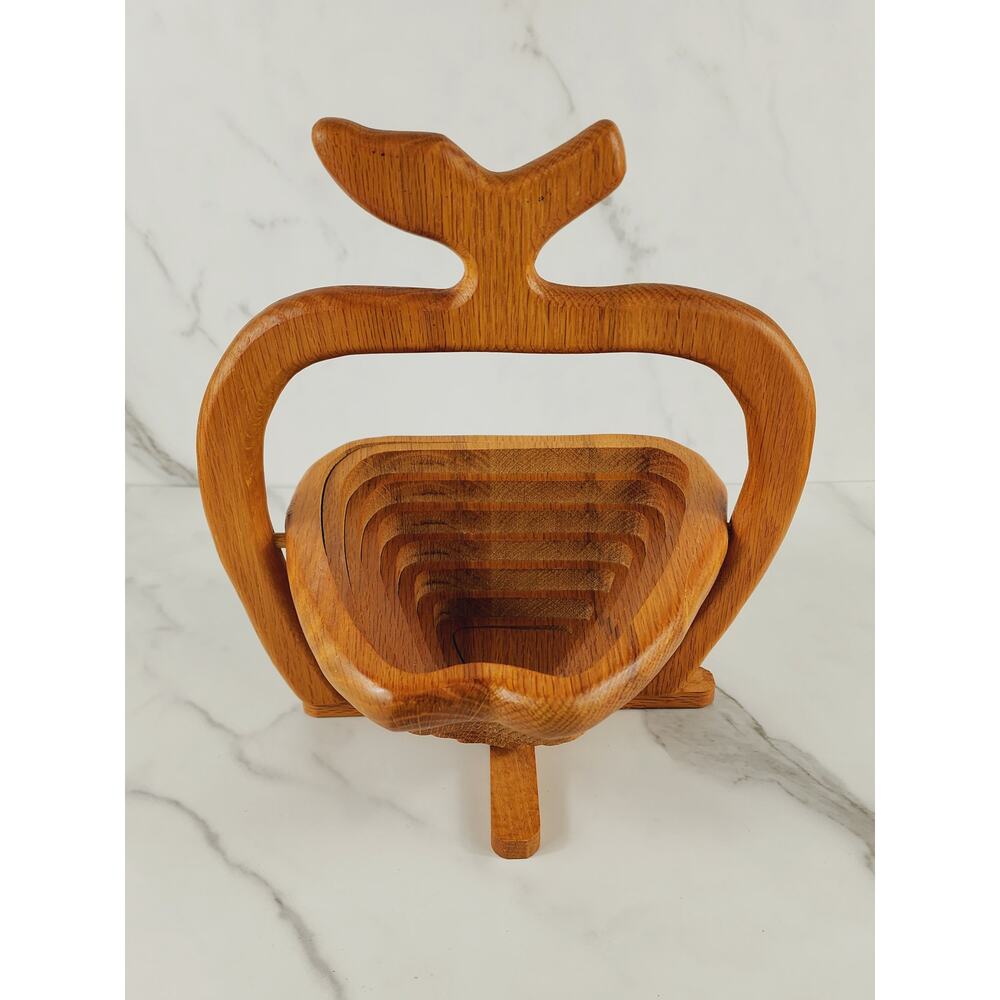 Wood Folding Fruit Basket Apple Shaped 11" John's Wood Shop Handcrafted USA